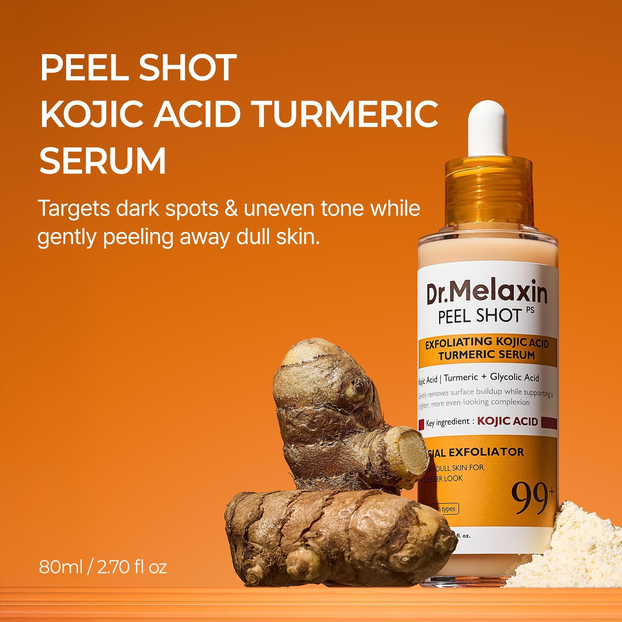 [Dr.Melaxin Official] Brightening Essentials for Face & Body | Peel Shot Serum, Kojic Acid Turmeric Capsule Body Cream & Kojic Acid Turmeric Serum Soap 3-Piece Set
