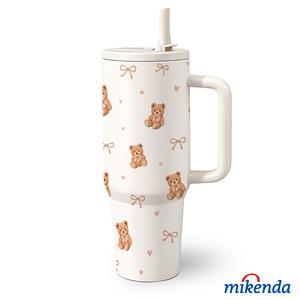 1 Pc 40 Oz Stainless Steel Water Cup with Handle and Straw, Cute Teddy Bear and Bow Heart Design, Double Wall Insulated Thermal Mug, Hot 12H/ Cold 24H, Fun Drinkware, Perfect Mother's Day, Easter or Birthday Gift for Friends, Stainless Steel Tumbler.