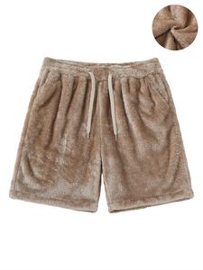 Men's Solid Drawstring Waist Plush Shorts, Casual Loose Fit Pocket Design Shorts for Fall & Winter, Men's Bottoms for Daily Wear