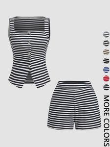 2 Piece Ribbed Striped Set, Casual Slim-Fit Sleeveless Top & High-Waisted Shorts, Lightweight & Durable for Lounging & Weekend Getaways