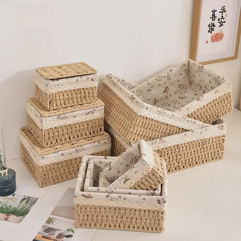 Woven Rattan Storage Basket with Lid, Handmade Sundries Organizer for Food, Books, Snacks, and Picnic Use 2