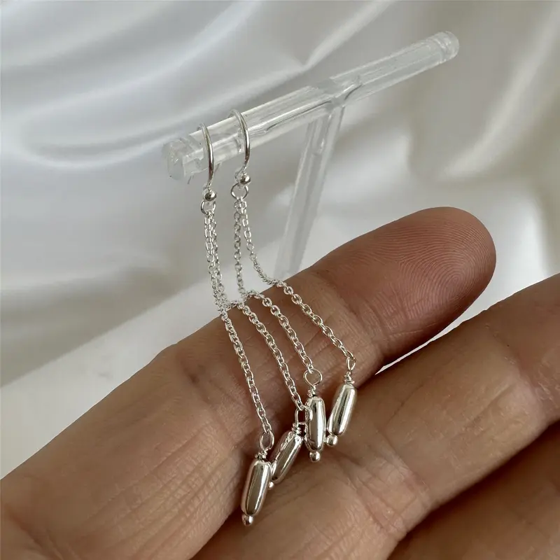 Sterling Silver Double Chain Nugget Drop Dangle Earrings 3