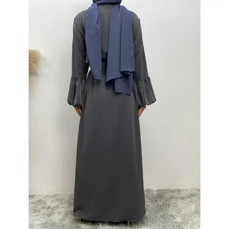 Women's Faux Pearls Decor Tie Front Abaya Without Hijab, Modest Long Sleeve Maxi Abaya, Summer Outfits 2024, Muslim Clothes For Women 7