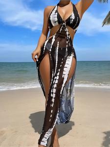 Two-piece Set Women's Patchwork Print Halter Neck Tie Back Bikini Set, Casual Ring Linked Backless Swim Bra & High Cut Swim Panty, Ladies Swimsuit for Beach Holiday Vacation