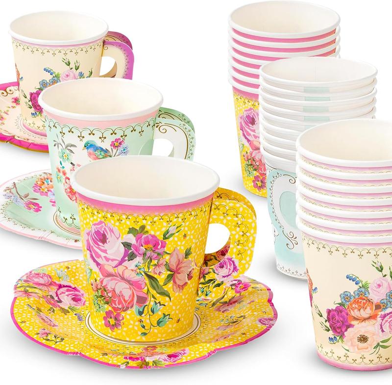 Product Introduction of Pack of 24 Vintage Floral Cup & Saucer Afternoon Tea Set, Truly Scrumptious Disposable Tableware for Birthday or Garden Party, Baby Shower, Wedding, TRULYCUPSET24 Drinkware Plastic 2