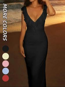 Wowdark Plain Slim-Fitting Backless Dress, Elastic Waistband Design, Sexy Style, Perfect for School & Casual Wear