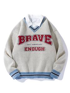 Men's 2-in-1 Letter Print Drop Shoulder Collared Sweater, Loose Casual Preppy Striped Trim Long Sleeve Button Jumper for Spring & Fall, Fashion Men's Knitwear for Daily Wear, Streetwear