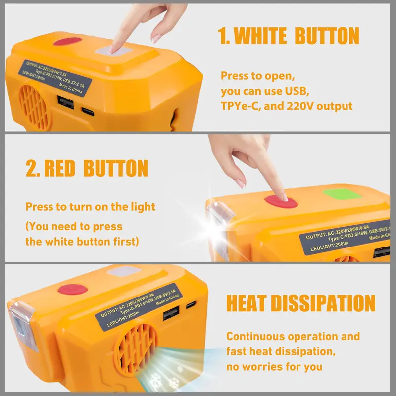 (Free UK Delivery: Limited Time Only) Power Inverter Generator Fit for DEWALT 18V/20V Lithium Battery, DC18V to AC 220-230V Portable Power Station for Phone Charger Adapter, 1 USB Ports & 1 Type-C & 1 AC Outlet, 200LM LED Light 3