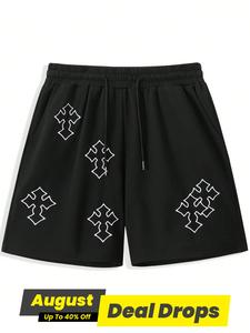 Men's Cross Print Drawstring Waist Shorts, Casual Street Style Baggy Regular Fit Pocket Straight Leg Shorts for Summer, Baggy Shorts for Men, Men's Fitted Bottoms for Daily Wear, Shorts for The Summer, Menswear, Loose Breathable Sports Shorts