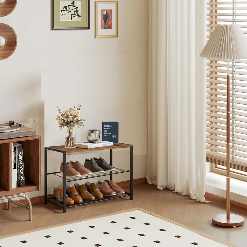 2 Tiers Wooden Shoe Rack Metal Shoe Benches for Hallway,Shoes Storage Organizer SR0051 Steel 3