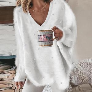 2025 FW ChicMe Women's V-Neck Long Sleeve Beaded Decor Oversized Sweater Fluffy Pullover Top