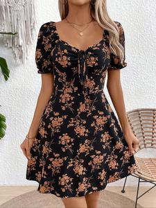 Women's Floral Print Short Sleeve Dress, Elegant Fashion Casual Sweetheart Neck Short Dress for Daily Outdoor Wear, Women Dress for Summer, Dresses for Women, Womenswear, Sundresses, Lady