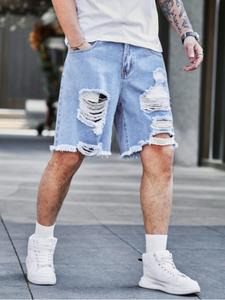 Men's Plain Ripped Denim Shorts, Casual Comfy Loose Straight Leg Jeans for Daily Wear, Fashion Men's Bottoms for All Seasons