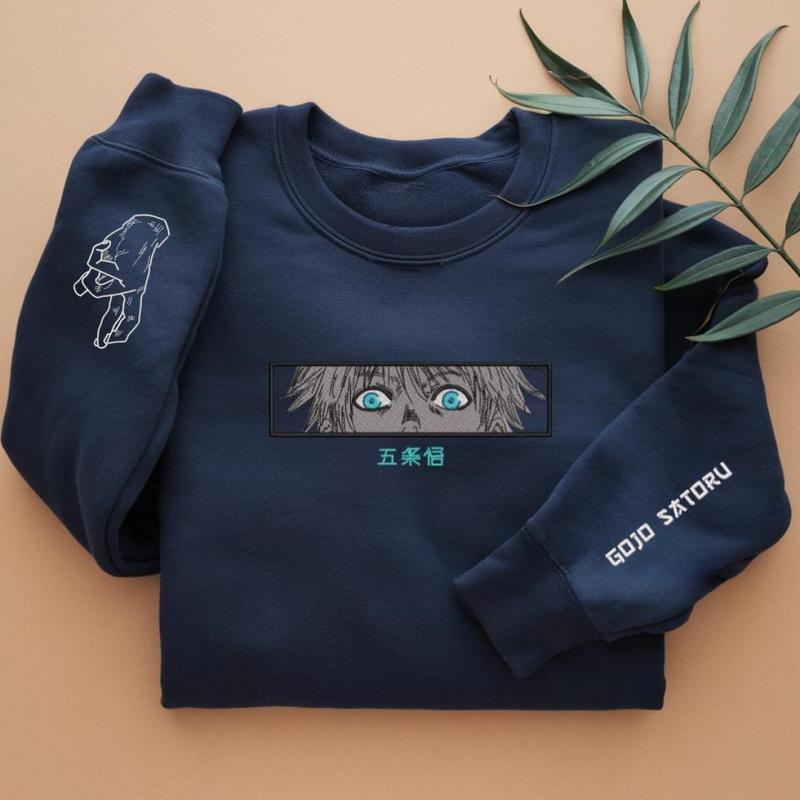 Embroidered Anime Sweatshirt, Sorcery Battle Sweater, Limitless Cursed Technique Design, Six Eyes Manga-Inspired, Gifts for Anime 4