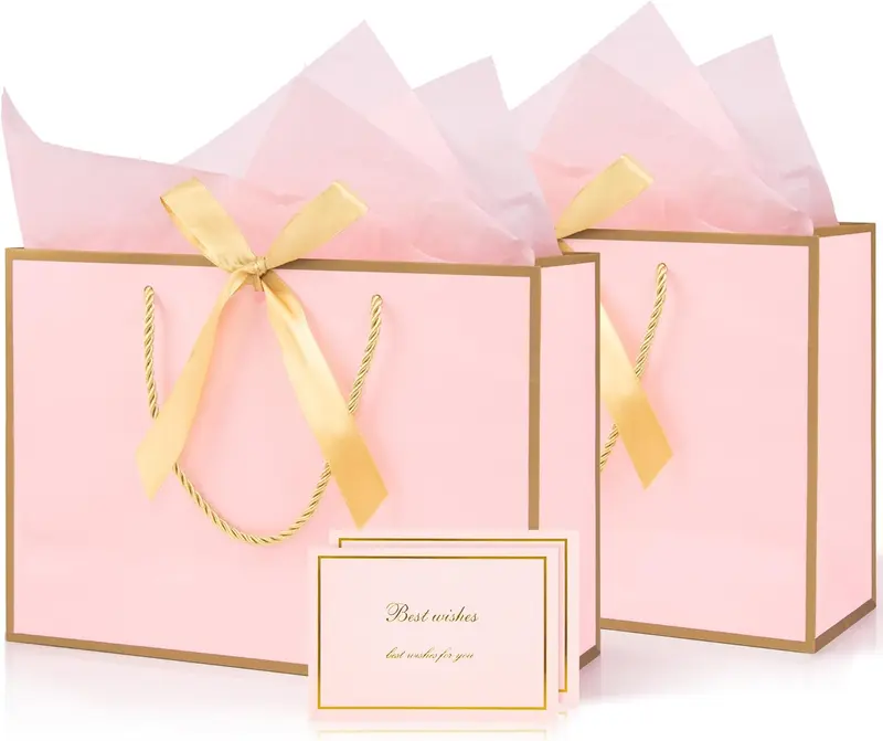 Medium Pink Gift Bag with Handles, 2pcs Present Bags with 4 Wrappers and 2 Cards, Birthday Party Bags for Girls Valentines Bridesmaid Wedding (Pink-Gold) 0
