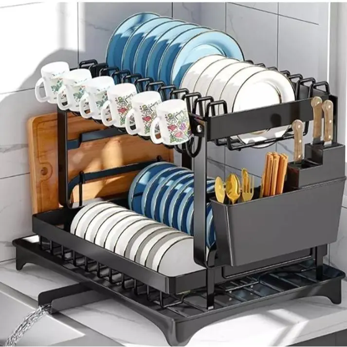 2 Tier Dish Drainer, Multifunctional Dish Drainer Rack, Rustproof Kitchen Dish Drying Rack Drainboard & Utensil Holder, Space-Saving Dish Kitchen Counter, Large, Black Storage Holders & Racks Cabinet Organizer Stainless Steel Waterproof Decor Installation