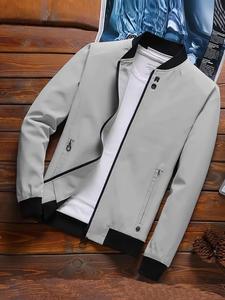 Men's Solid Zip Up Bomber Jacket, Regular Fit Casual Comfy Baseball Collar Long Sleeve Outerwear for Daily Wear, Men's Clothing for Fall & Winter, Coats, Longsleeves Menswear