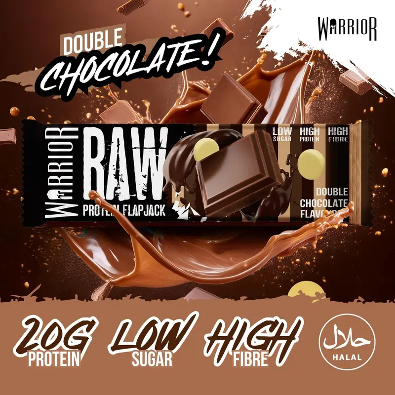 Warrior Raw Protein Flapjacks - Low Sugar, High in Fibre ADouble Chocolate) - Pack of 12 Bars x 75g Each - Snack, Dessert 1
