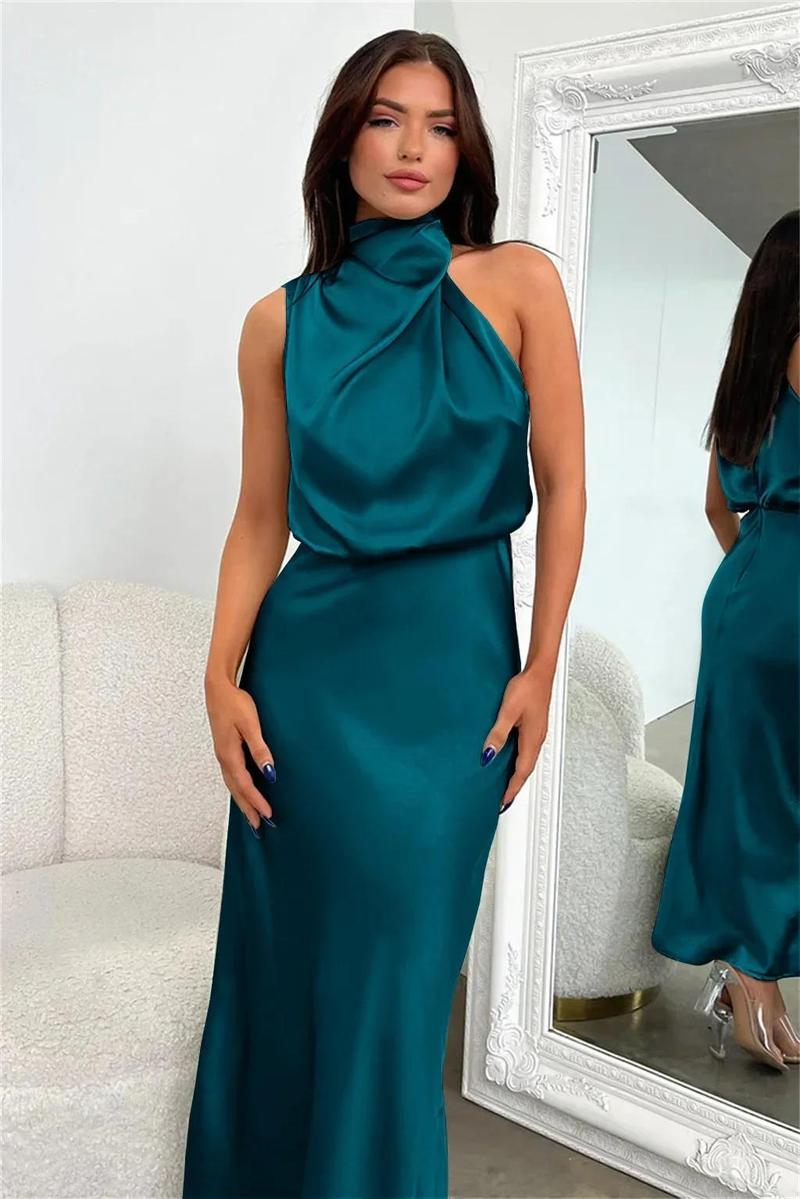 Product Introduction of 2025 Spring/Summer Long Dress for Women High Waist Halter Satin Sleeveless Dress Fashion Elegant Solid Evening Party Dresses 27