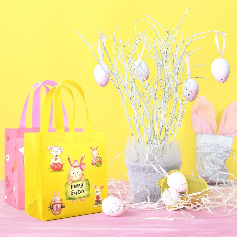 Easter Gift Bags for Kids, 6 Easter Bunny Egg Bags Non-Woven Reusable Bag with Handles for Kids Egg Hunt Party Supplies (6 PCS) 3