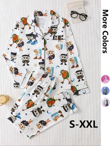 Women's Cartoon Print Pajama Set, Long Sleeve Button Front Top & Loose Fit Pants, Casual Spring & Fall Sleepwear