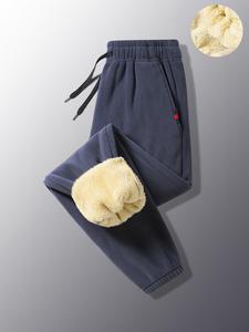 Men's Solid Drawstring Waist Thermal Lined Sweatpants, Loose Casual Pocket Jogger Pants for Winter, Men's Trousers for Daily Wear