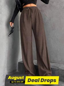 Women's Solid Textured Tie Front Wide Leg Pants, Casual Comfy Ribbed Trousers for Spring & Fall, Women's Bottoms for Daily Wear