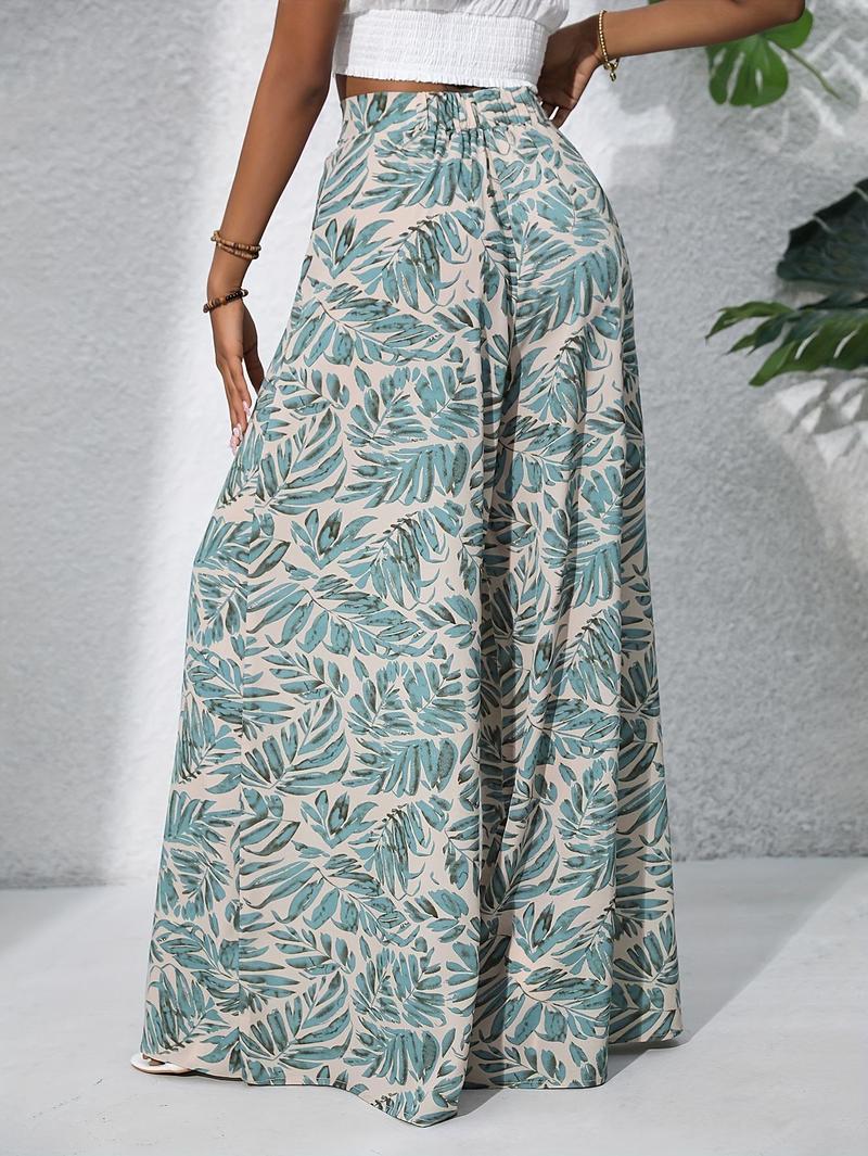 Product Introduction of Women'S Bohemian Floral Print Chiffon Wide-Leg Pants - High Waist, Elastic Waistband, Long Beach Trousers for Summer Vacation, Casual Elegant Style Womenswear Bottom Comfort 24