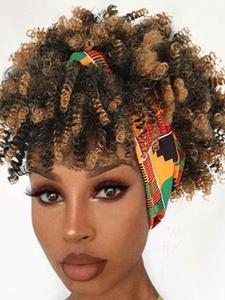 Summer 2024 12 Inch Ombre Brown Black Short Wigs for Women, New Trendy Afro Coily Synthetic Wigs with Scarf & Drawstring, Synthetic Full Machine Wigs for Daily Use, Hairstyle Ideas