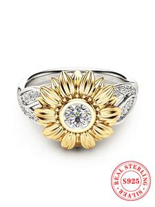 S925 Sterling Silver Fashion Sunflower Design Ring, Artificial Zircon Decor Ring for Women, Trendy All-match & Exquisite Jewelry for Birthday Gift