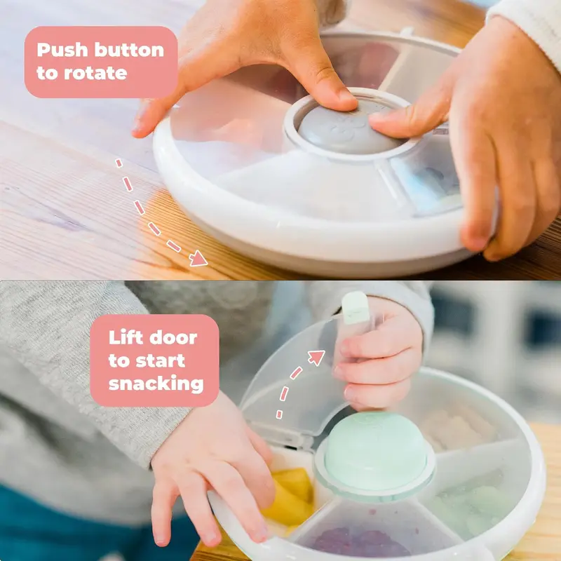 snack drawer GoBe Kids Snack Spinner Bundle with Hand Strap and Sticker Sheet - Reusable Snack Container with 5 Compartment Dispenser and Lid | BPA and PVC Free | Dishwasher Safe | No Spill, Leakproof 4