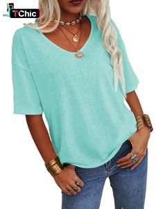 Women's Plain V Neck Drop Shoulder Tee, Casual Basic Solid Color Half Sleeve T-shirt for Lady Summer, Women's Minimalist Top for Daily Wear, Casual Style Tee