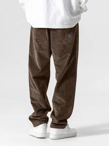 Men's Cartoon Patched Corduroy Pants, Casual Comfy Straight Leg Trousers for Fall & Winter, Men's Bottoms for Daily Wear
