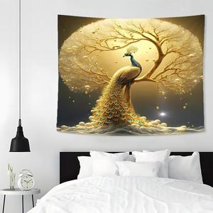 Peacock & Money Tree Pattern Tapestry, Wall Hanging Tapestry with Installation Accessories, Wall Decor for Home Living Room Bedroom Dorm