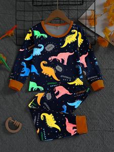 Two-piece Set Boy's All Over Dinosaur Print Contrast Binding Tee & Elastic Waist Pants Reflective Set, Casual Round Neck Long Sleeve Top & Trousers for Fall & Winter, Kids Clothes for Daily Wear