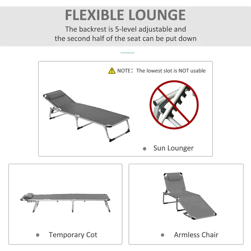 Outsunny Foldable Outdoor Sun Lounger, Reclining Lounge Chair Camping Bed Cot with Pillow 4-Level Adjustable Back Aluminium Frame, Dark Grey 3