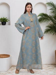 Women's Leaf Embroidery Dress, Elegant Arabian Dress for Spring & Fall, Ladies Islamic Clothing for Daily Wear