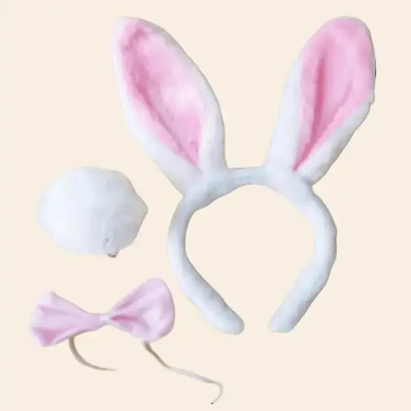 3 Piece White PINK Bunny Set Bunny Headband Bow & Plushy Womenswear