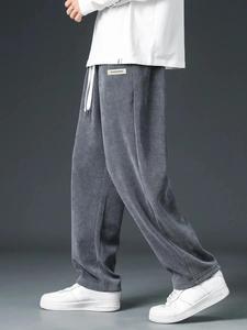 Men's Letter Patched Drawstring Waist Ribbed Corduroy Pants, Loose Casual Comfy Straight Leg Trousers for Fall & Winter, Men's Bottoms for Daily Wear