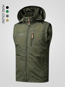 Men's Letter Graphic Embroidery Drawstring Zip Up Hooded Vest Jacket, Regular Fit Casual Pocket Outerwear for Fall & Winter, Men's Winter Clothing, Cozy Coat, Men's Clothes for Outdoor Activities, Coats