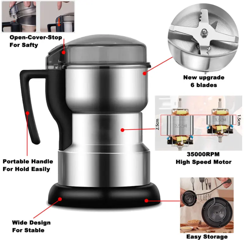 Electric Coffee Grinder Grinding Milling Bean Nut Spice Matte Blender 8