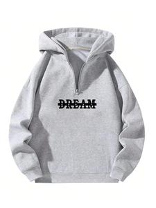 Men's Letter Print Half Zip Hoodie, Casual Loose Long Sleeve Hooded Sweatshirt for Fall & Winter, Men's Clothes for Daily Wear