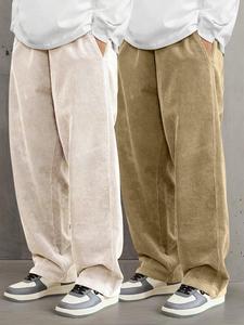 Men's Solid Pocket Drawstring Waist Corduroy Pants, Loose Casual Comfy Straight Leg Trousers for Fall & Winter, Men's Bottoms for Daily Wear