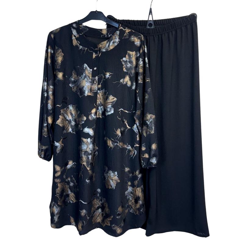 Ladies Gold Print Coord Set Collared Top with Wide Leg Trousers 8-16 5