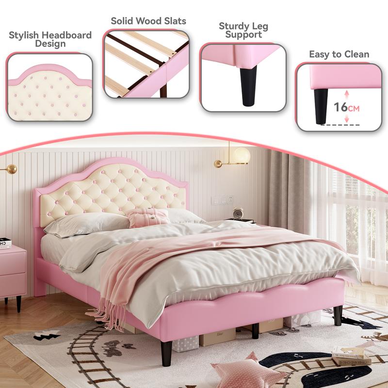3ft/4ft6 Double Upholstered Bed Frame with Adjustable Chic Button-Tufted Headboard, PU Faux Leather Bed Frame with Solid Wood Slat, No Box Spring Needed, Easy Assembly, Pink+Beige (No Mattress) 1