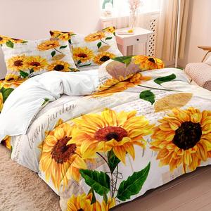 Sunflower Floral Print Bedding Set, 1 Set Including 1 Duvet Cover & 2 Pillowcases without Filler, Soft Comfortable Breathable Bedding Set for Bedroom, Rooms, Dormitories