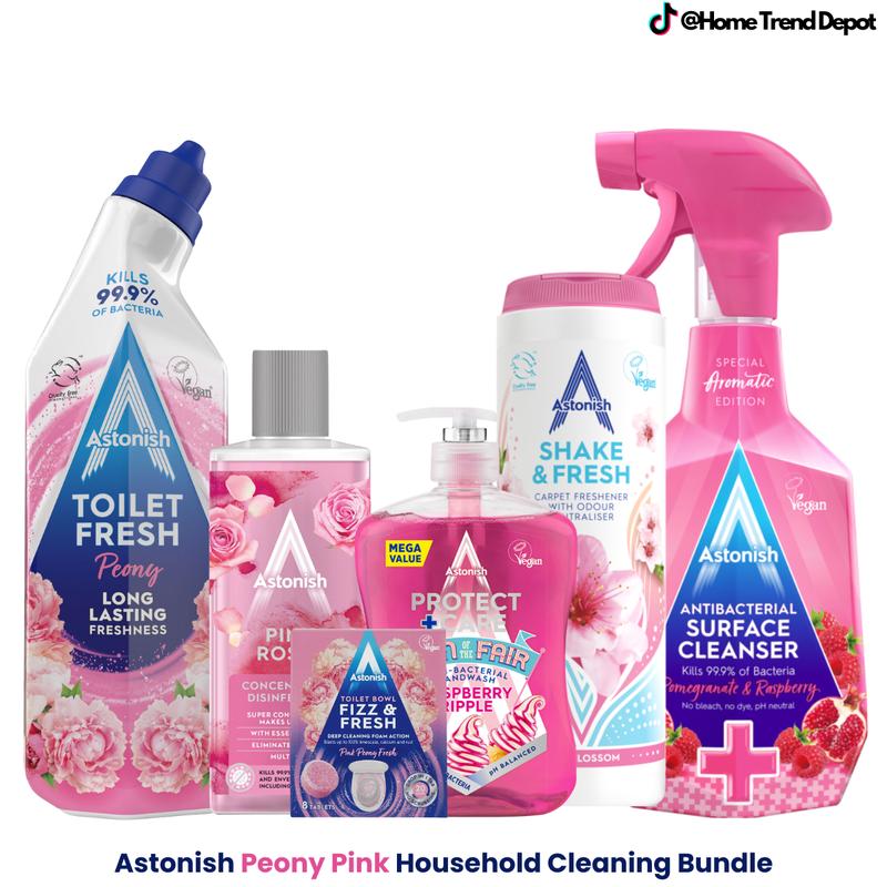 Product Introduction of Astonish 6pc Peony Pink Household Cleaning Bundle – All-Purpose, Multi Surface Cleaner, Toilet Tabs, Disinfectant, Shake & Fresh, Toilet Gel Cleaner Set – Tough on Grease & Stains – Fresh Citrus Scent – Eco-Friendly & Cruelty-Free Scented Perfume 1