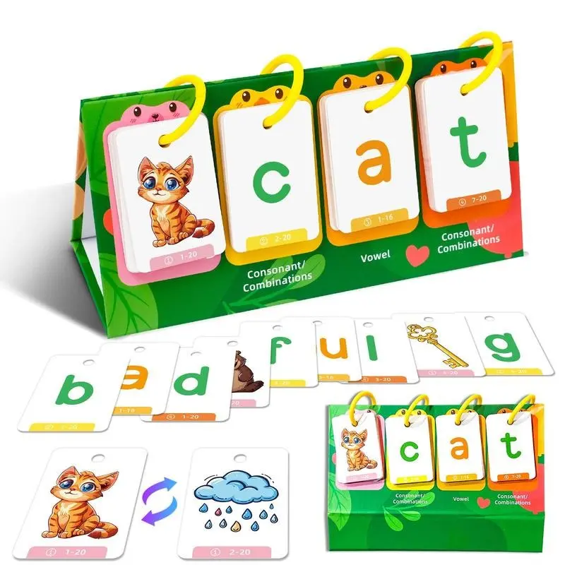 Random Color CVC Word Builder Games Cards, 80 Cards Learn To Read Montessori Word Building Desktop Pocket Chart Flash Cards Kit 0