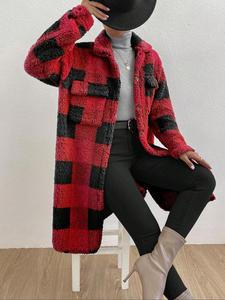 Women's Plaid Print Button Front Drop Shoulder Fuzzy Overcoat, Casual Long Sleeve Collar Neck Pocket Outerwear for Fall & Winter, Women's Clothing for Daily Wear