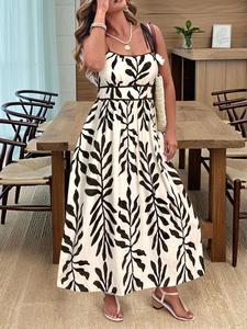 [Plus Size] Leaf Print Strap Dress, Casual Sleeveless Spaghetti Strap Long Dress Suitable for Beach Vacation, Women's Summer Plus Size Clothing Womenswear hoc o dress knitted  dress cocktail  dress